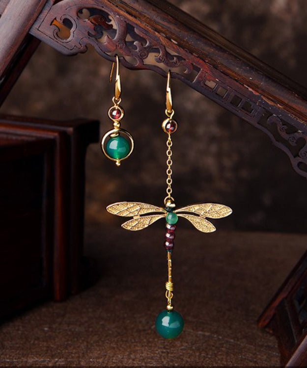 Fine Gold 14K Gold Agate Garnet Dragonfly Asymmetric Drop Earrings