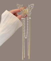 Fine Gold Alloy Zircon Pearl Chain Tassel Hairpin