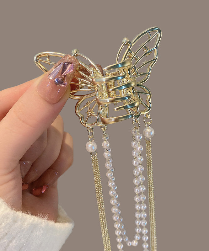 Fine Gold Alloy Zircon Pearl Chain Tassel Hairpin