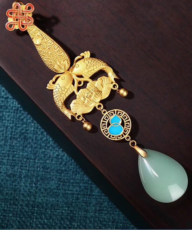Fine Gold Ancient Gold Jade Every Year There Is Fish Tassel Brooches