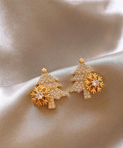 Fine Gold Copper Alloy Zircon Snowflake Christmas Tree Stud Earrings