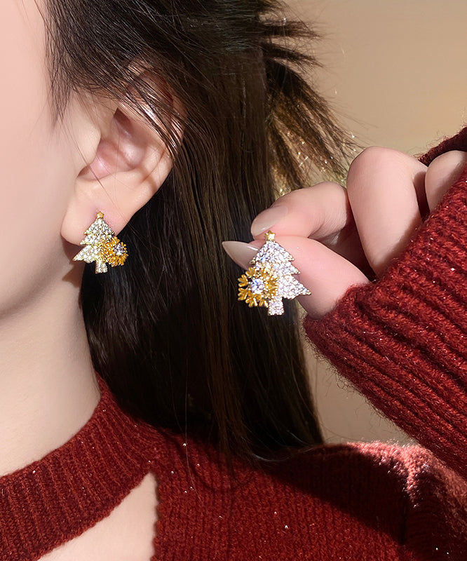 Fine Gold Copper Alloy Zircon Snowflake Christmas Tree Stud Earrings