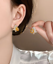 Fine Gold Copper Alloy Zircon Snowflake Christmas Tree Stud Earrings