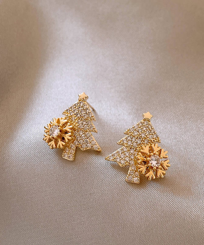 Fine Gold Copper Alloy Zircon Snowflake Christmas Tree Stud Earrings