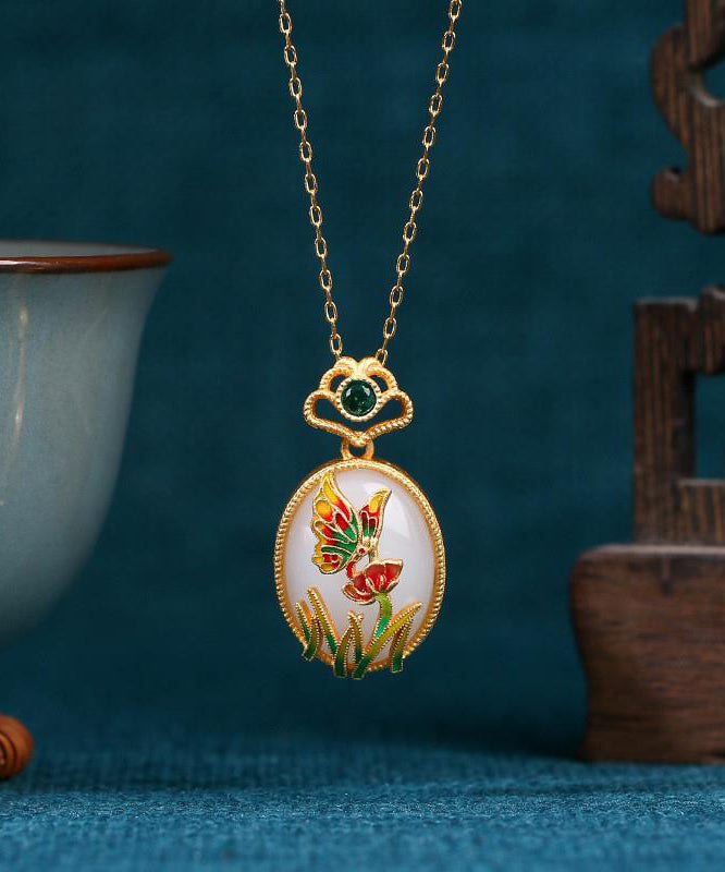 Fine Gold Copper Overgild Jade Crystal Butterfly Floral Pendant Necklace