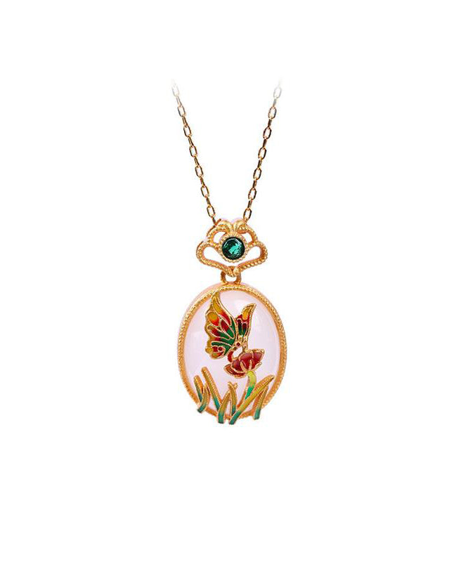 Fine Gold Copper Overgild Jade Crystal Butterfly Floral Pendant Necklace
