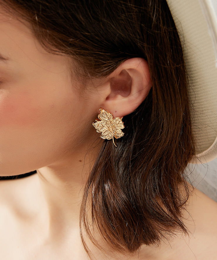 Fine Gold Copper Overgild Leaves Stud Earrings
