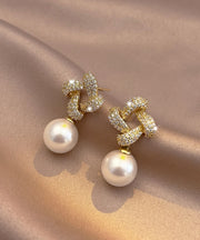 Fine Gold Copper Overgild Zircon Square Pearl Drop Earrings