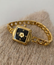 Fine Gold Metal Camellia Square Chain Tempered Glass Watch