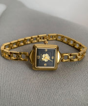 Fine Gold Metal Camellia Square Chain Tempered Glass Watch