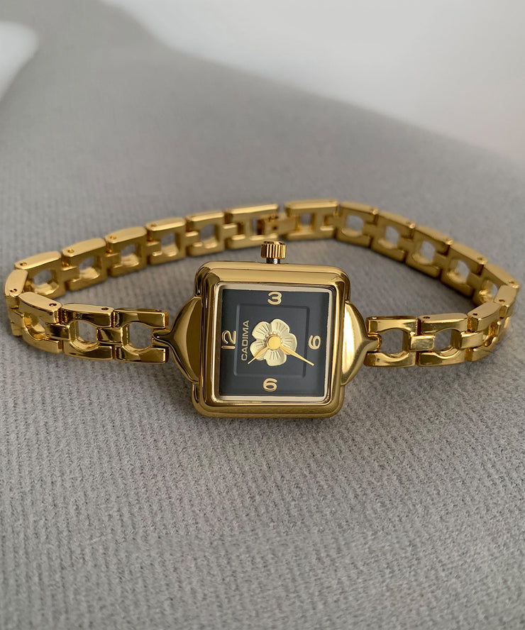 Fine Gold Metal Camellia Square Chain Tempered Glass Watch