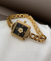 Fine Gold Metal Camellia Square Chain Tempered Glass Watch