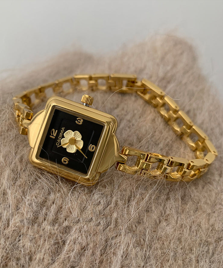 Fine Gold Metal Camellia Square Chain Tempered Glass Watch