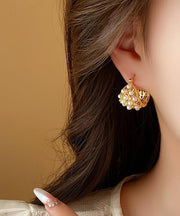 Fine Gold Metal Overgild Pearl Hollow Out Hoop Earrings