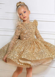 Fine Gold O-Neck Sequins Tulle Kids Long Dresses Spring