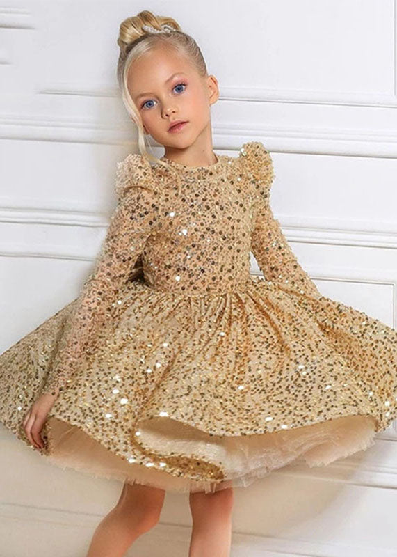 Fine Gold O-Neck Sequins Tulle Kids Long Dresses Spring