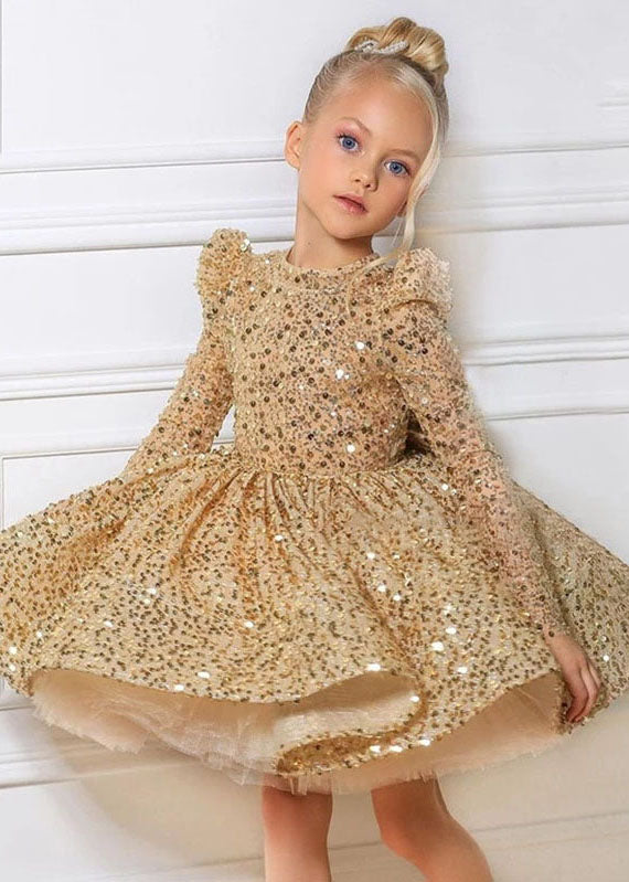 Fine Gold O-Neck Sequins Tulle Kids Long Dresses Spring