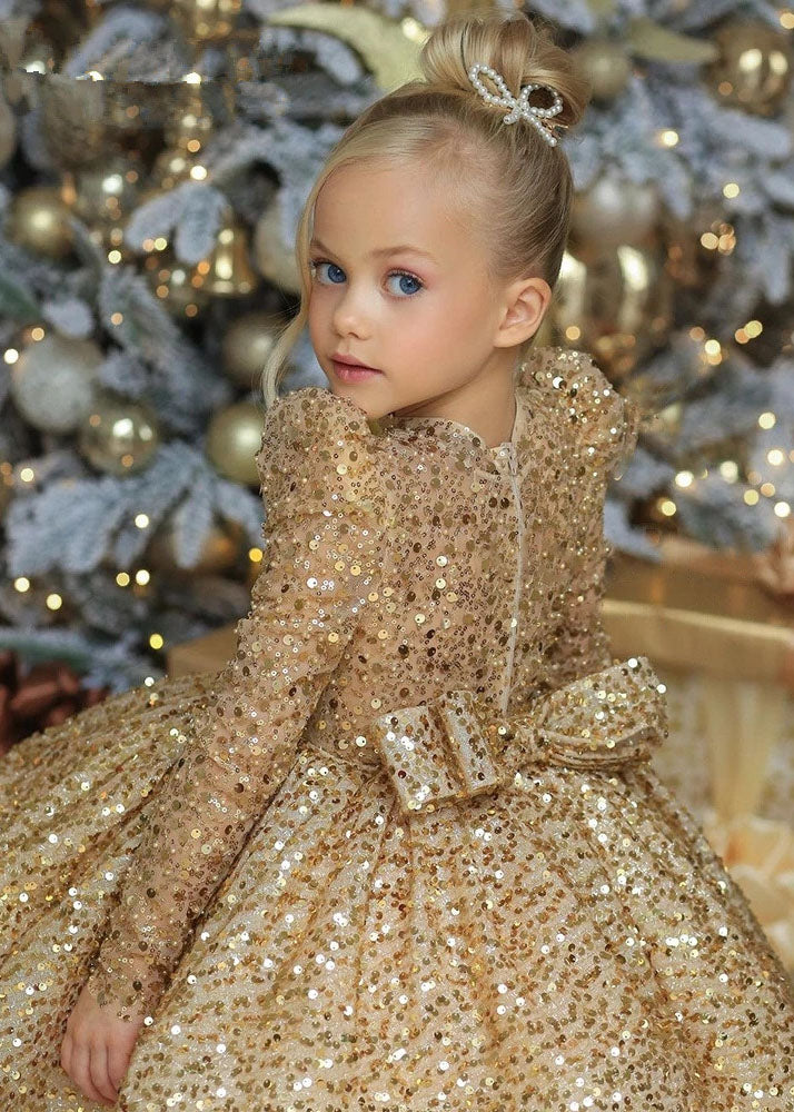 Fine Gold O-Neck Sequins Tulle Kids Long Dresses Spring