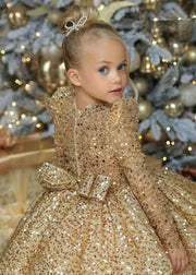 Fine Gold O-Neck Sequins Tulle Kids Long Dresses Spring