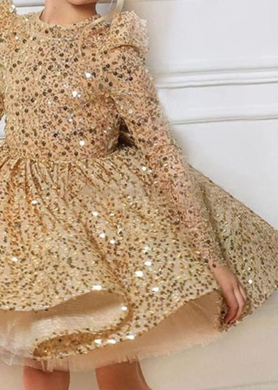 Fine Gold O-Neck Sequins Tulle Kids Long Dresses Spring