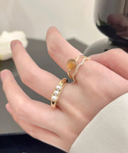 Fine Gold Overgild Inlaid Pearl Zircon Cat's Eye Stone Two Piece Set Rings