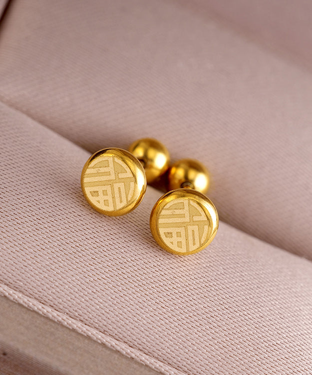 Fine Gold Stainless Steel Fu Character Stud Earrings