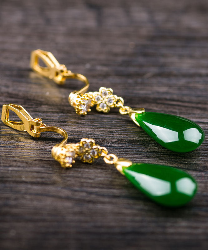 Fine Gold Sterling Silver Jade Zircon Water Drops Drop Earrings