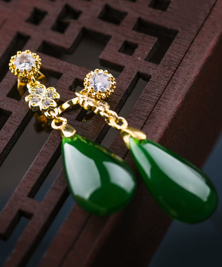 Fine Gold Sterling Silver Jade Zircon Water Drops Drop Earrings