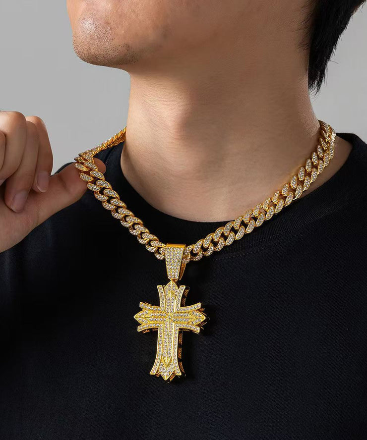 Fine Gold Sterling Silver Overgild Zircon Cross Pendant Necklace