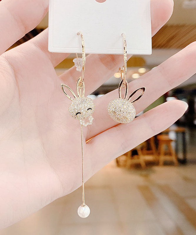 Fine Gold Sterling Silver Zircon Asymmetric Design Rabbit Tassel Drop Earrings