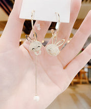 Fine Gold Sterling Silver Zircon Asymmetric Design Rabbit Tassel Drop Earrings