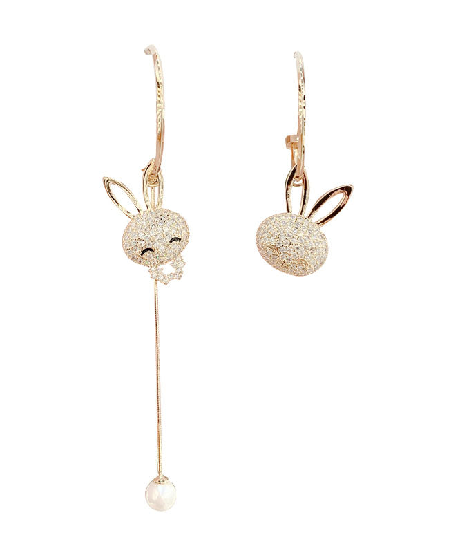 Fine Gold Sterling Silver Zircon Asymmetric Design Rabbit Tassel Drop Earrings