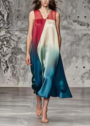 Fine Gradient Color Asymmetrical Patchwork Silk Long Dresses Summer