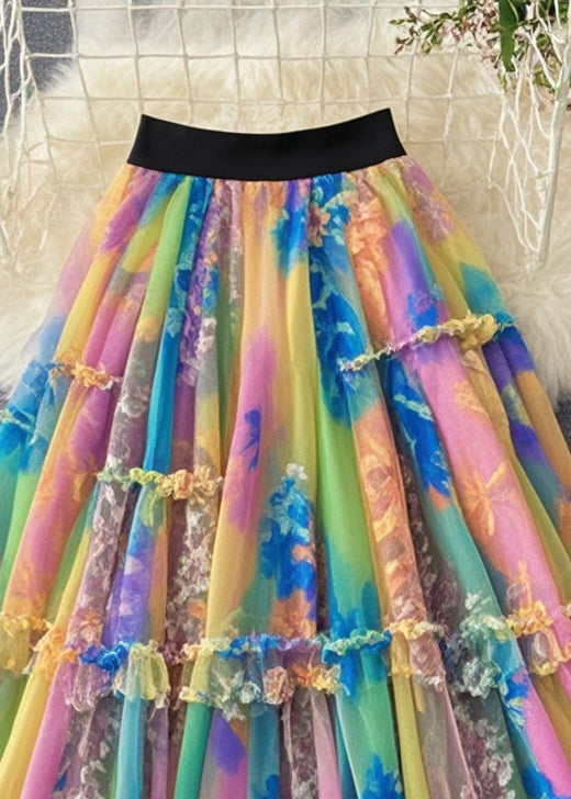 Fine Gradient Color Ruffled Tulle Skirts Summer