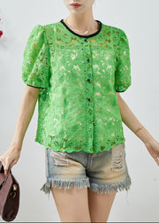 Fine Grass Green Embroidered Hollow Out Lace Shirts Summer