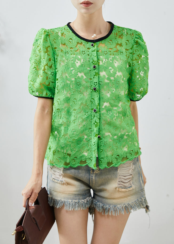 Fine Grass Green Embroidered Hollow Out Lace Shirts Summer