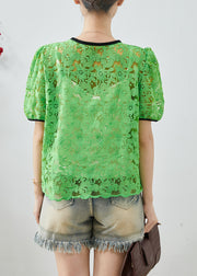 Fine Grass Green Embroidered Hollow Out Lace Shirts Summer