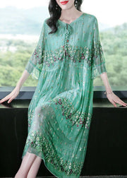 Fine Grass Green Embroideried Patchwork Silk Maxi Dresses Summer