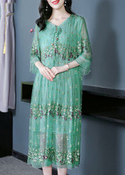 Fine Grass Green Embroideried Patchwork Silk Maxi Dresses Summer