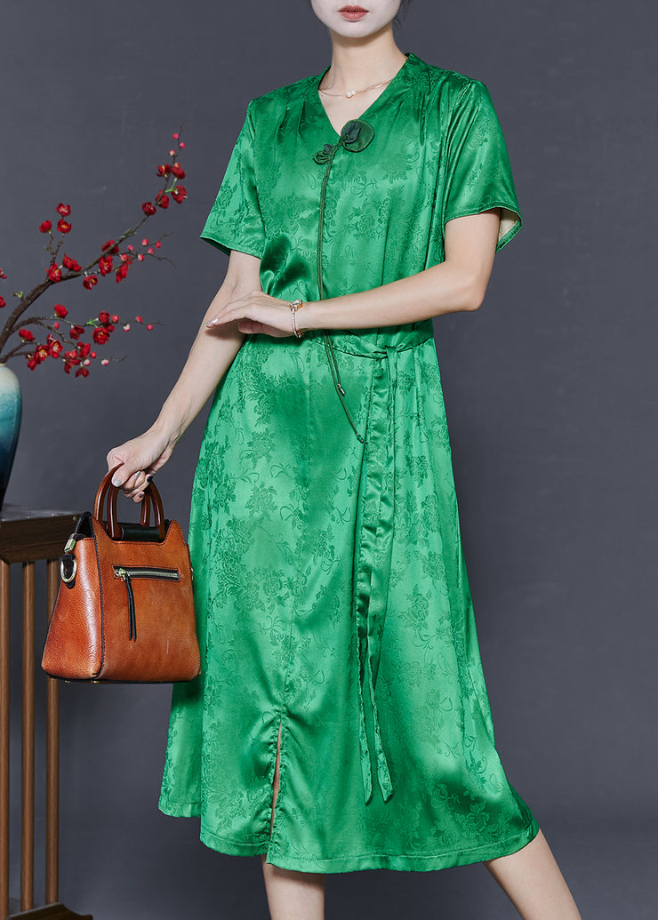 Fine Grass Green Tasseled Print Silk Dresses Summer