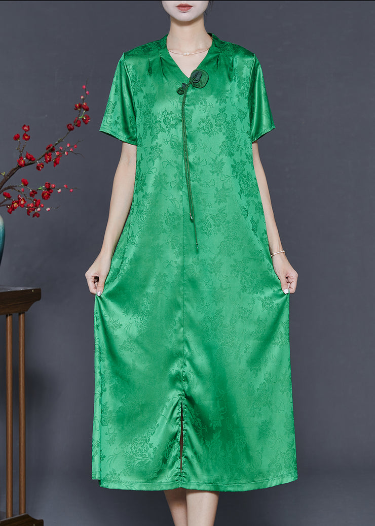 Fine Grass Green Tasseled Print Silk Dresses Summer