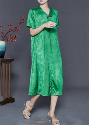 Fine Grass Green Tasseled Print Silk Dresses Summer