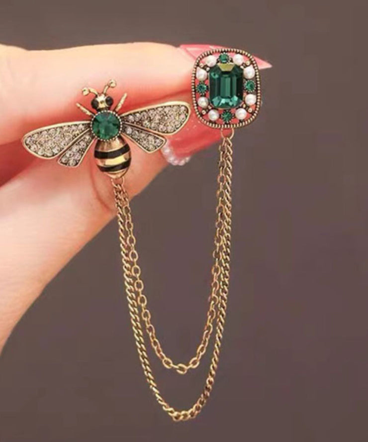 Fine Green Alloy Zircon Bee Pearl Oil Drip Tassel Brooches