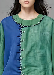 Fine Green Asymmetrical Patchwork Button Top Half Sleeve