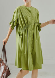 Fine Green Asymmetrical Wrinkled Cotton Day Dress Summer