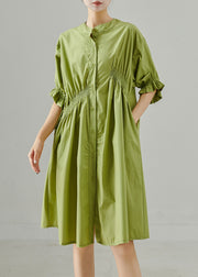 Fine Green Asymmetrical Wrinkled Cotton Day Dress Summer