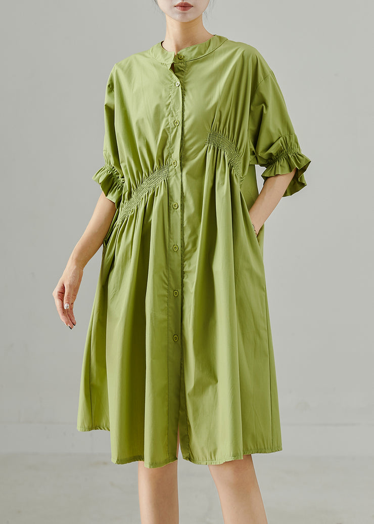 Fine Green Asymmetrical Wrinkled Cotton Day Dress Summer