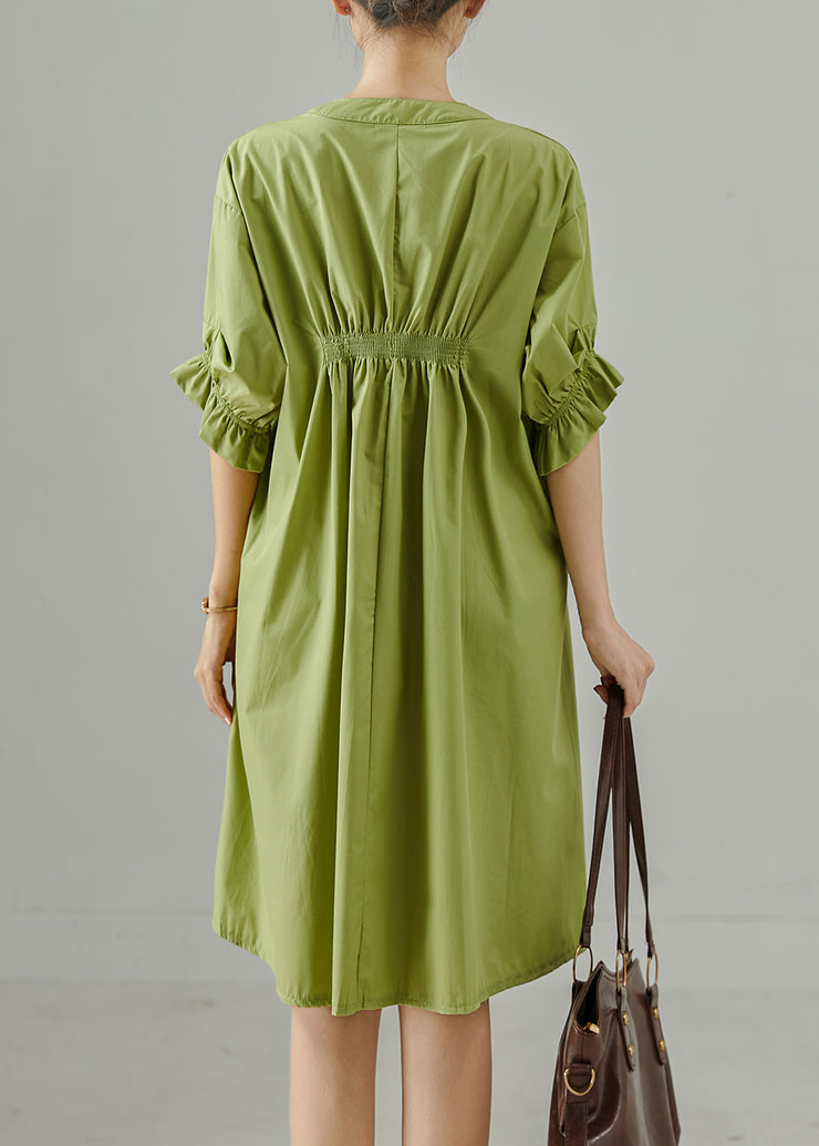 Fine Green Asymmetrical Wrinkled Cotton Day Dress Summer