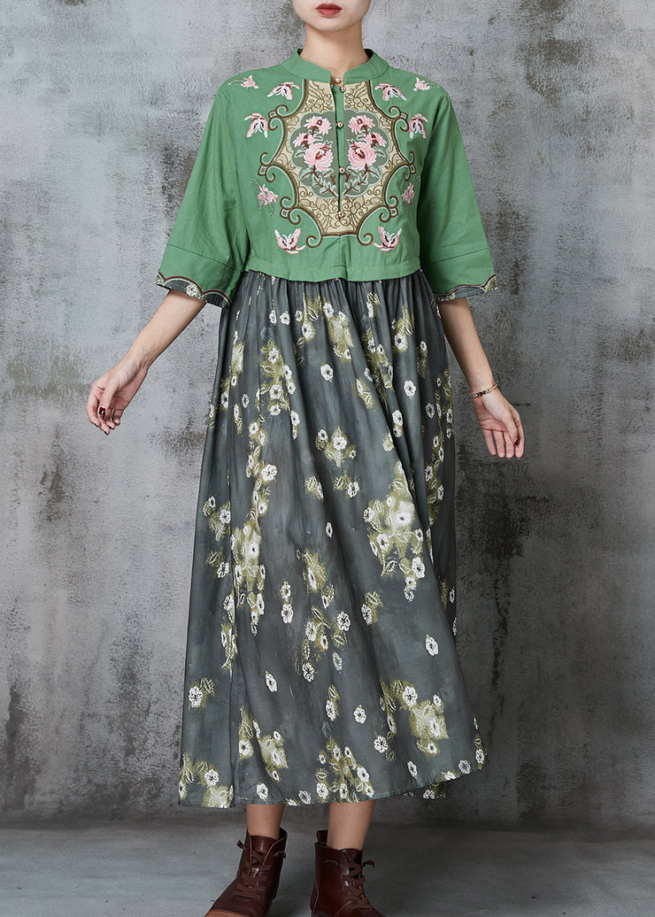 Fine Green Embroidered Patchwork Cotton Vacation Dresses Summer