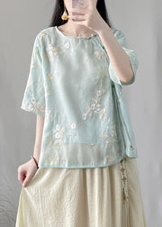 Fine Green Embroideried Button Silk Linen Top Half Sleeve